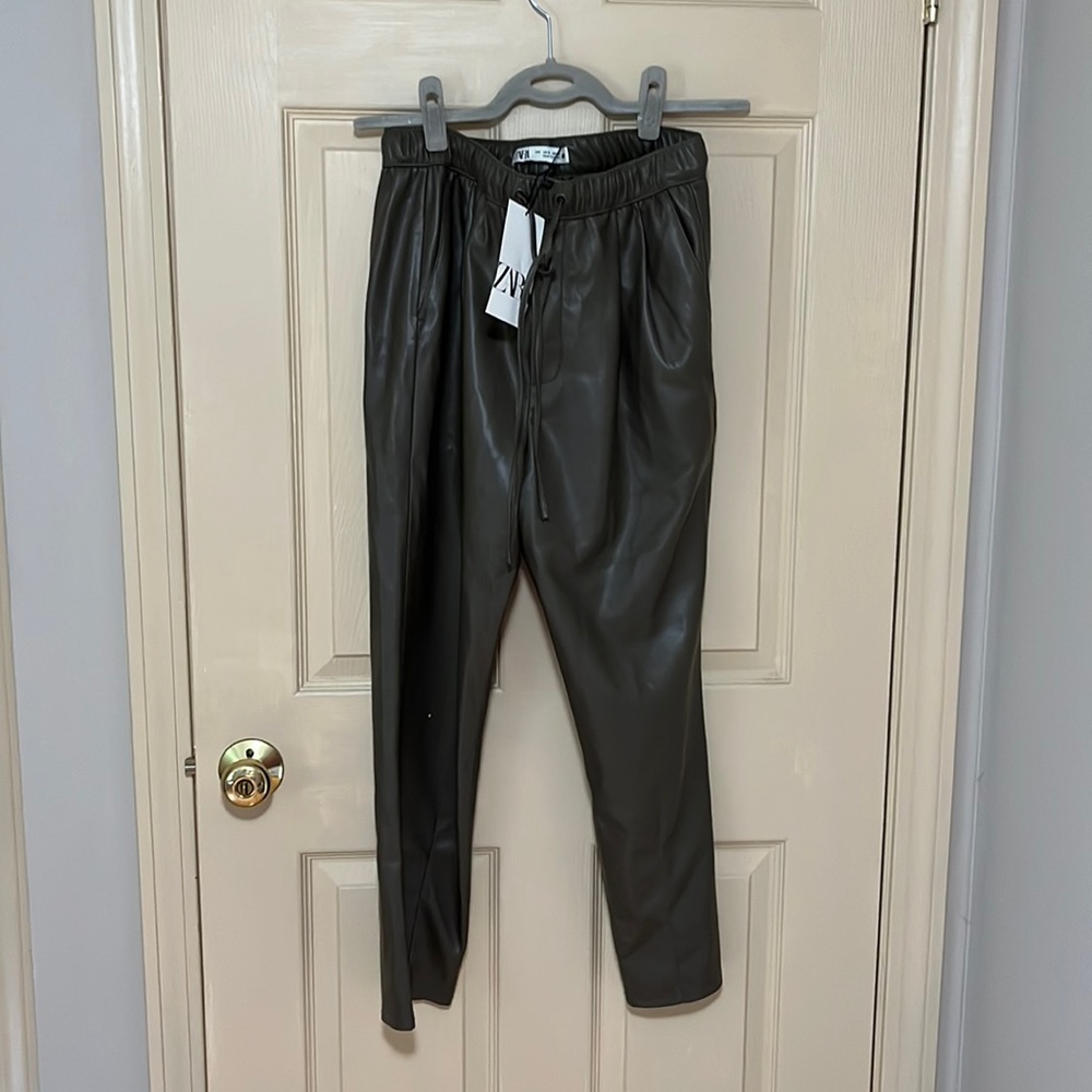 Zara Olive Army Green Faux Leather Vegan Jogger Pants